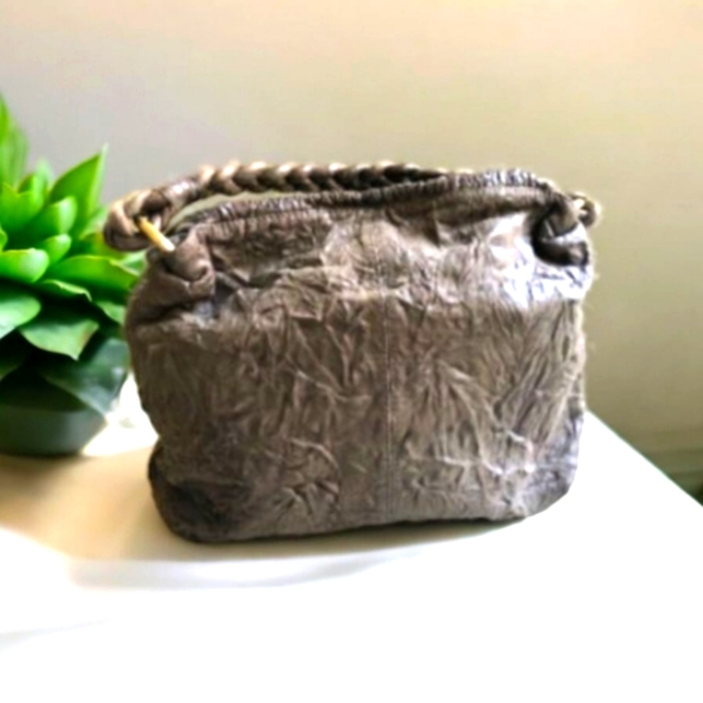 Brown crinkle distressed leather hobo tote Bag